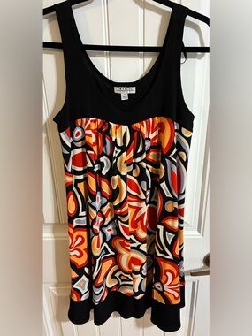 Enfocus Studio Black Dress with Red, Orange & Cream Abstract Swirl Print